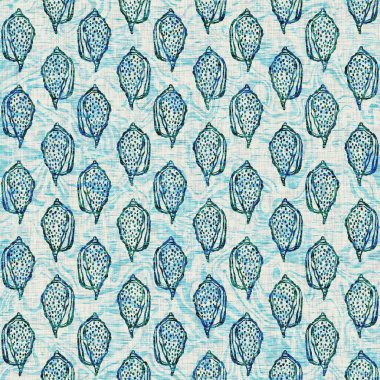 Ege Teal deniz kabuğu deniz kabuğu kusursuz desen. Grunge ev dekorasyonu kumaş tekstil ürünleri için soluk keten efekt arka planı. 