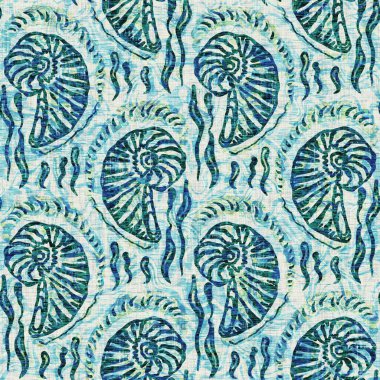 Ege Teal deniz kabuğu deniz kabuğu kusursuz desen. Grunge ev dekorasyonu kumaş tekstil ürünleri için soluk keten efekt arka planı. 