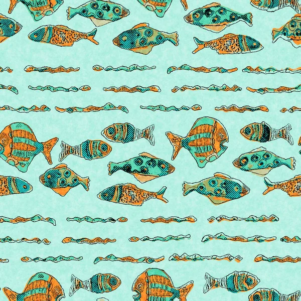Korallen Krickenten Schwarm von Fischleinen waschen nautischen Hintergrund. Stoffmuster im Sommer an der Küste. Unter dem Meer leben tropische Fische. 2 Ton grüne Riff gefärbte Textil nahtlose Muster. — Stockfoto