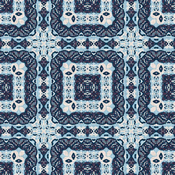 Indigo blauw rood batik geo nautisch naadloos patroon. Moderne marin geometrische caleidoscoop matroos print. Nantucket stof textiel stijl. Zomer rustieke mannelijke gedragen linnen effect maritieme decor. — Stockfoto