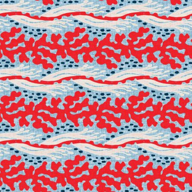 Çivit mavisi deniz yosunu, kusursuz desen. Nantucket tekstil el işçiliğinde deniz yosunu bitkisi izi. Blok baskı stili çizilmiş. Yaz 2: Yüksek kontrastlı keten kumaş efekti jpg swatch