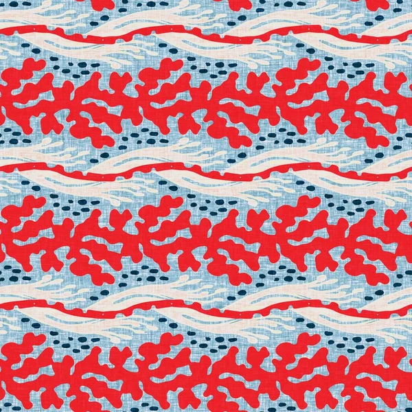 藍の海のシームレスなパターン。ナンタケット繊維手描きブロック印刷スタイルで海昆布植物プリント。夏2トーン高コントラストリネン生地効果jpg swatch — ストック写真