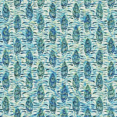 Ege Teal deniz kabuğu deniz kabuğu kusursuz desen. Grunge ev dekorasyonu kumaş tekstil ürünleri için soluk keten efekt arka planı. 