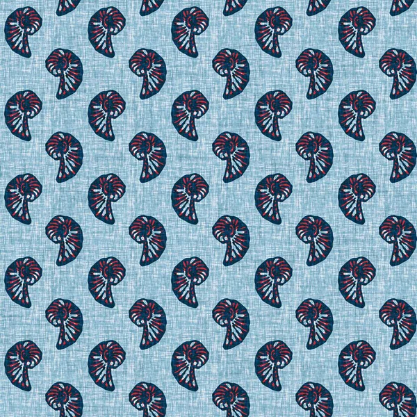 Indigo Blue Seashell deniz kabuğu kusursuz desen. Klasik nantucket kumaş, tekstil, blok baskı tarzında modern deniz kabuğu baskısı. Yaz 2 ton yüksek kontrastlı jpg fayans örneği