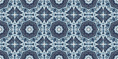 İndigo mavisi, kırmızı, batik, jeo, denizcilik, kusursuz sınır deseni. Modern marin geometrik kaleydoskop pankartı. Nantucket kumaş tarzı. Yaz kırsal erkeksi aşınmış keten etkisi kenar bandı 