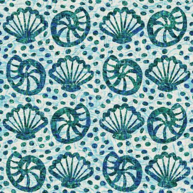 Ege Teal deniz kabuğu deniz kabuğu kusursuz desen. Grunge ev dekorasyonu kumaş tekstil ürünleri için soluk keten efekt arka planı. 