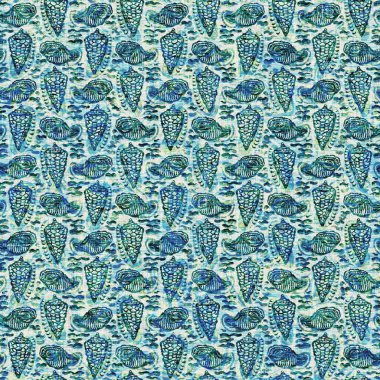 Ege Teal deniz kabuğu deniz kabuğu kusursuz desen. Grunge ev dekorasyonu kumaş tekstil ürünleri için soluk keten efekt arka planı. 