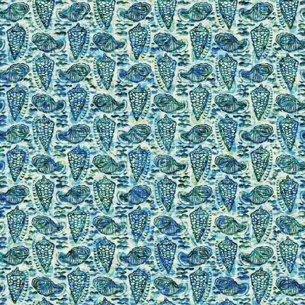 Ege Teal deniz kabuğu deniz kabuğu kusursuz desen. Grunge ev dekorasyonu kumaş tekstil ürünleri için soluk keten efekt arka planı. 