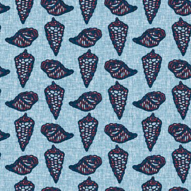 Indigo Blue Seashell deniz kabuğu kusursuz desen. Klasik nantucket kumaş, tekstil, blok baskı tarzında modern deniz kabuğu baskısı. Yaz 2 ton yüksek kontrastlı jpg fayans örneği