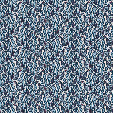 Çivit mavisi deniz yosunu, kusursuz desen. Nantucket tekstil el işçiliğinde deniz yosunu bitkisi izi. Blok baskı stili çizilmiş. Yaz 2: Yüksek kontrastlı keten kumaş efekti jpg swatch