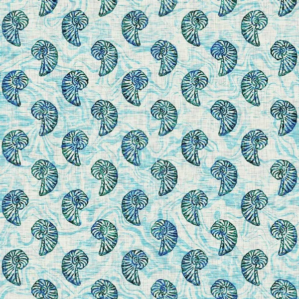 Egeiska Teal snäckskal nautiska sjögräs sömlöst mönster. Grunge nöd bleka linne effekt bakgrund för marina heminredning tyg textilier. — Stockfoto