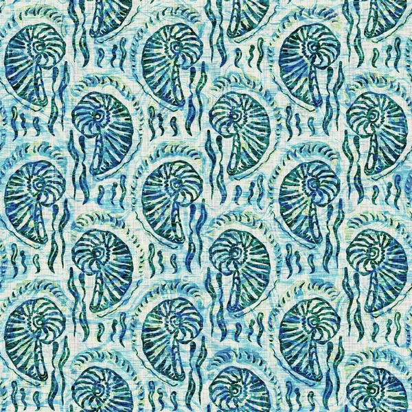 Ege Teal deniz kabuğu deniz kabuğu kusursuz desen. Grunge ev dekorasyonu kumaş tekstil ürünleri için soluk keten efekt arka planı. 