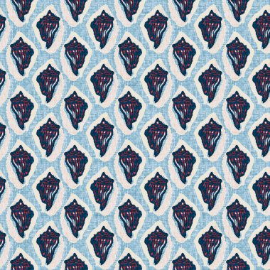 Indigo Blue Seashell deniz kabuğu kusursuz desen. Klasik nantucket kumaş, tekstil, blok baskı tarzında modern deniz kabuğu baskısı. Yaz 2 ton yüksek kontrastlı jpg fayans örneği