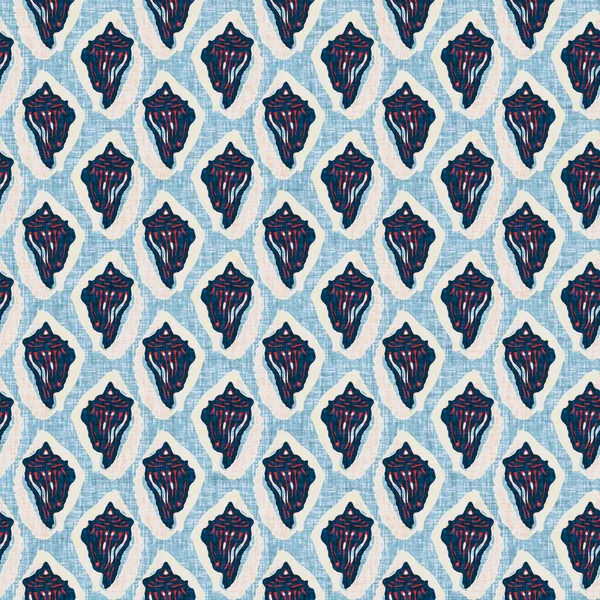 Indigo Blue Seashell deniz kabuğu kusursuz desen. Klasik nantucket kumaş, tekstil, blok baskı tarzında modern deniz kabuğu baskısı. Yaz 2 ton yüksek kontrastlı jpg fayans örneği