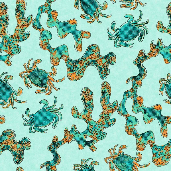 Coral green crab linen wash nautical background. Summer coastal style fabric swatches. Under the sea life tropical crustacean material. 2 tone green reef dyed textile seamless pattern. — Stock Photo, Image