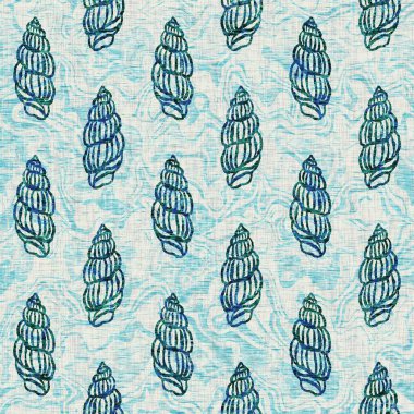 Ege Teal deniz kabuğu deniz kabuğu kusursuz desen. Grunge ev dekorasyonu kumaş tekstil ürünleri için soluk keten efekt arka planı. 