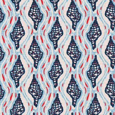 Indigo Blue Seashell deniz kabuğu kusursuz desen. Klasik nantucket kumaş, tekstil, blok baskı tarzında modern deniz kabuğu baskısı. Yaz 2 ton yüksek kontrastlı jpg fayans örneği