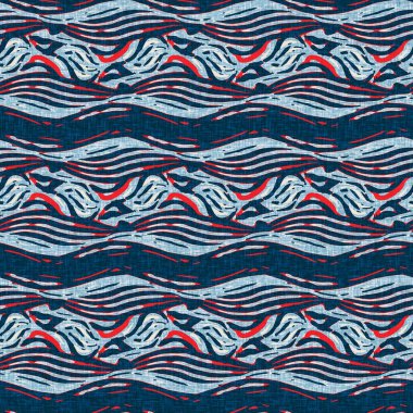 İndigo mavisi yatay kırık çizgili, denizdeki pürüzsüz desen. Modern deniz hattı çizgili denizci baskısı. Klasik Nantucket kumaş tarzı. Yaz deniz dekoru. Hazırsı erkeksi moda baskısı.