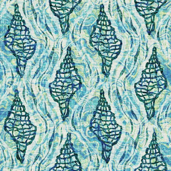 Ege Teal deniz kabuğu deniz kabuğu kusursuz desen. Grunge ev dekorasyonu kumaş tekstil ürünleri için soluk keten efekt arka planı. 