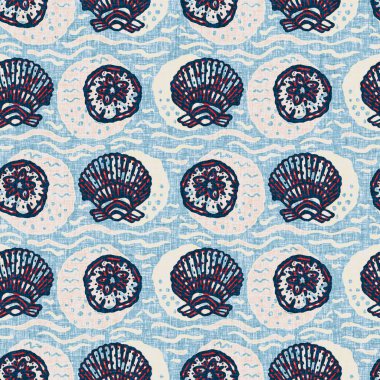 Indigo Blue Seashell deniz kabuğu kusursuz desen. Klasik nantucket kumaş, tekstil, blok baskı tarzında modern deniz kabuğu baskısı. Yaz 2 ton yüksek kontrastlı jpg fayans örneği
