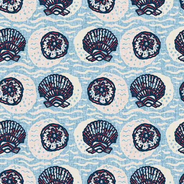 Indigo Blue Seashell deniz kabuğu kusursuz desen. Klasik nantucket kumaş, tekstil, blok baskı tarzında modern deniz kabuğu baskısı. Yaz 2 ton yüksek kontrastlı jpg fayans örneği