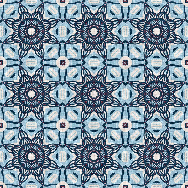İndigo mavisi, kırmızı, batik, jeo, denizcilik, kusursuz desen. Modern marin geometrik kaleydoskop denizci baskısı. Nantucket kumaş tarzı. Yaz kırsal erkeksi aşınmış keten efekti deniz dekoru. 