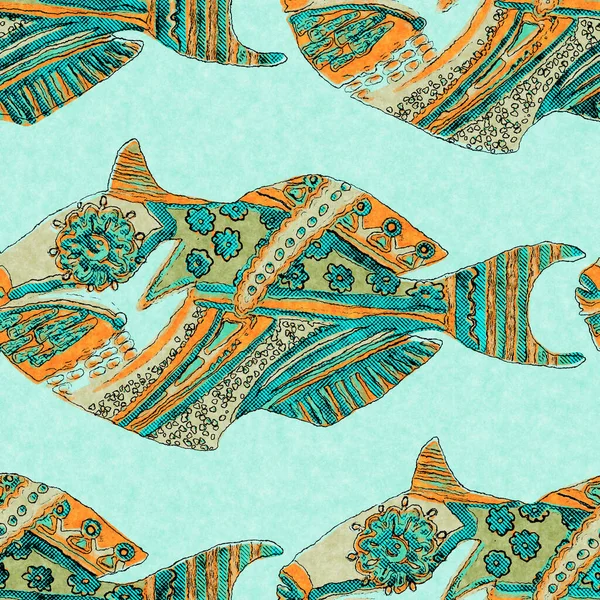 Balık keten mercan sürüsü deniz altyapısını yıkar. Yaz sahili kumaş örnekleri. Deniz altında tropikal balıklar malzemelerle beslenir. 2 tonluk yeşil resif boyalı tekstil dikişsiz desen.