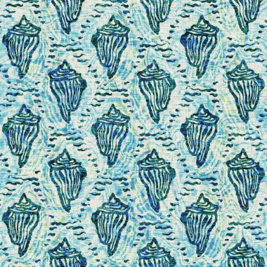 Ege Teal deniz kabuğu deniz kabuğu kusursuz desen. Grunge ev dekorasyonu kumaş tekstil ürünleri için soluk keten efekt arka planı. 