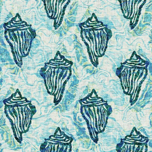 Ege Teal deniz kabuğu deniz kabuğu kusursuz desen. Grunge ev dekorasyonu kumaş tekstil ürünleri için soluk keten efekt arka planı. — Stok fotoğraf