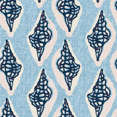 Indigo Blue Seashell deniz kabuğu kusursuz desen. Klasik nantucket kumaş, tekstil, blok baskı tarzında modern deniz kabuğu baskısı. Yaz 2 ton yüksek kontrastlı jpg fayans örneği