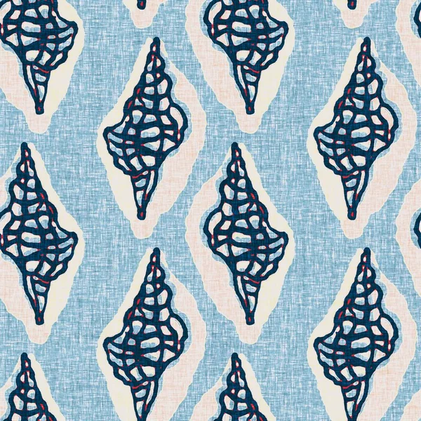 Indigo Blue Seashell deniz kabuğu kusursuz desen. Klasik nantucket kumaş, tekstil, blok baskı tarzında modern deniz kabuğu baskısı. Yaz 2 ton yüksek kontrastlı jpg fayans örneği