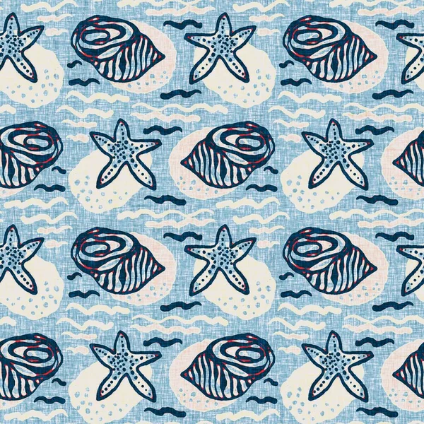 Indigo Blue Seashell motif sans couture nautique. Impression marine moderne coquille en tissu nantucket classique tissu imprimé bloc dessiné à la main style. Été 2 tons contraste élevé jpg tuile swatch — Photo