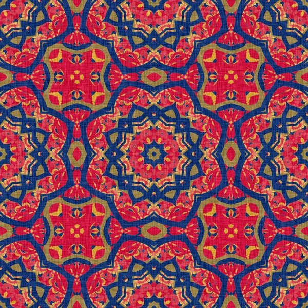 Indiase boho zomer bandana naadloos symmetrisch patroon. Veelzijdige mannelijke rode blauwe sjaal print in kaleidoscopische bloemen ornamentale stijl. — Stockfoto