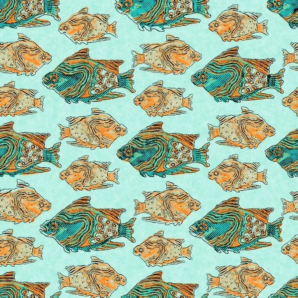 Korallen Krickenten Schwarm von Fischleinen waschen nautischen Hintergrund. Stoffmuster im Sommer an der Küste. Unter dem Meer leben tropische Fische. 2 Ton grüne Riff gefärbte Textil nahtlose Muster. — Stockfoto