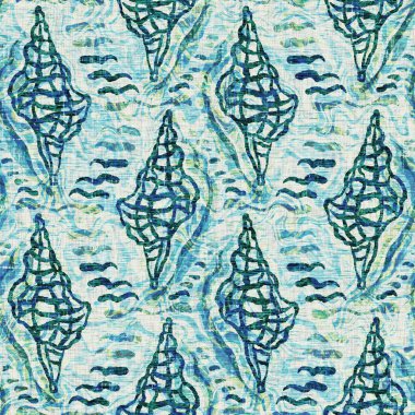 Ege Teal deniz kabuğu deniz kabuğu kusursuz desen. Grunge ev dekorasyonu kumaş tekstil ürünleri için soluk keten efekt arka planı. 