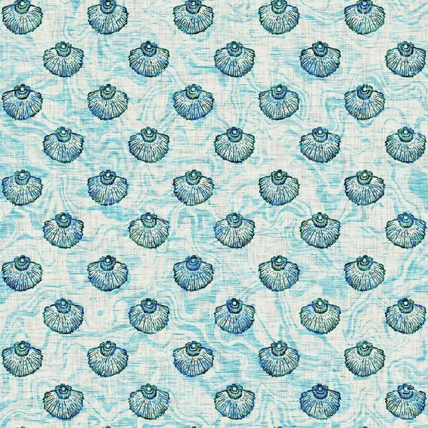 Egeiska Teal snäckskal nautiska sjögräs sömlöst mönster. Grunge nöd bleka linne effekt bakgrund för marina heminredning tyg textilier. — Stockfoto