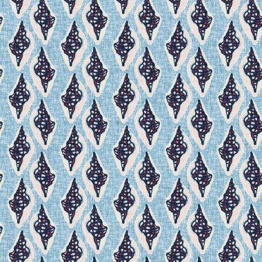 Indigo Blue Seashell deniz kabuğu kusursuz desen. Klasik nantucket kumaş, tekstil, blok baskı tarzında modern deniz kabuğu baskısı. Yaz 2 ton yüksek kontrastlı jpg fayans örneği