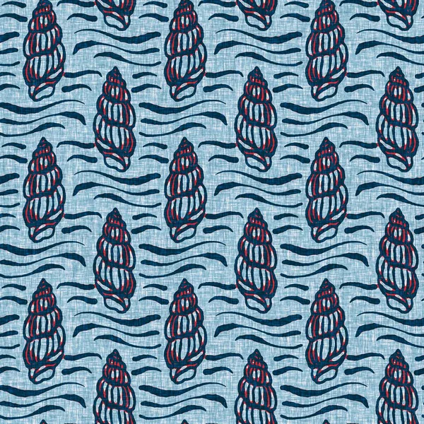 Indigo Blue Seashell deniz kabuğu kusursuz desen. Klasik nantucket kumaş, tekstil, blok baskı tarzında modern deniz kabuğu baskısı. Yaz 2 ton yüksek kontrastlı jpg fayans örneği