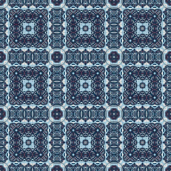 Indigo blauw rood batik geo nautisch naadloos patroon. Moderne marin geometrische caleidoscoop matroos print. Nantucket stof textiel stijl. Zomer rustieke mannelijke gedragen linnen effect maritieme decor. — Stockfoto