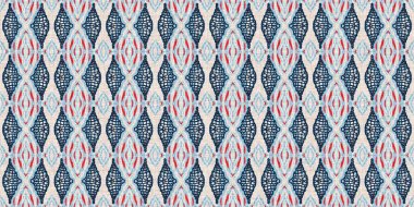 İndigo mavisi, kırmızı, batik, jeo, denizcilik, kusursuz sınır deseni. Modern marin geometrik kaleydoskop pankartı. Nantucket kumaş tarzı. Yaz kırsal erkeksi aşınmış keten etkisi kenar bandı 
