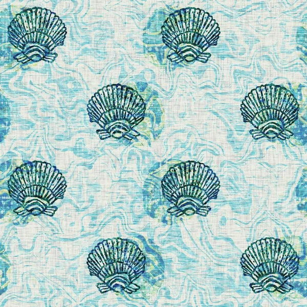 Aegean Teal coquillage marin modèle sans couture. Grunge détresse décoloré lin effet fond pour la maison marine décor textile. — Photo