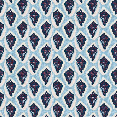 Indigo Blue Seashell deniz kabuğu kusursuz desen. Klasik nantucket kumaş, tekstil, blok baskı tarzında modern deniz kabuğu baskısı. Yaz 2 ton yüksek kontrastlı jpg fayans örneği