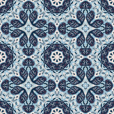 İndigo mavisi, kırmızı, batik, jeo, denizcilik, kusursuz desen. Modern marin geometrik kaleydoskop denizci baskısı. Nantucket kumaş tarzı. Yaz kırsal erkeksi aşınmış keten efekti deniz dekoru. 