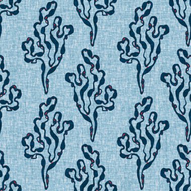 Çivit mavisi deniz yosunu, kusursuz desen. Nantucket tekstil el işçiliğinde deniz yosunu bitkisi izi. Blok baskı stili çizilmiş. Yaz 2: Yüksek kontrastlı keten kumaş efekti jpg swatch