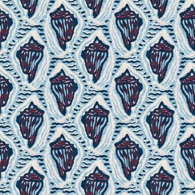 Indigo Blue Seashell deniz kabuğu kusursuz desen. Klasik nantucket kumaş, tekstil, blok baskı tarzında modern deniz kabuğu baskısı. Yaz 2 ton yüksek kontrastlı jpg fayans örneği