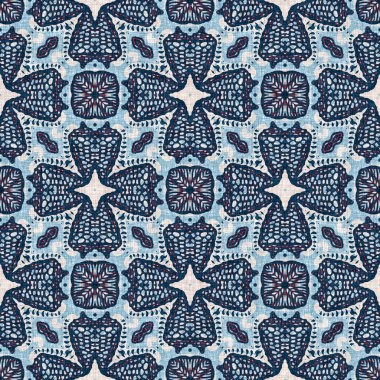 İndigo mavisi, kırmızı, batik, jeo, denizcilik, kusursuz desen. Modern marin geometrik kaleydoskop denizci baskısı. Nantucket kumaş tarzı. Yaz kırsal erkeksi aşınmış keten efekti deniz dekoru. 