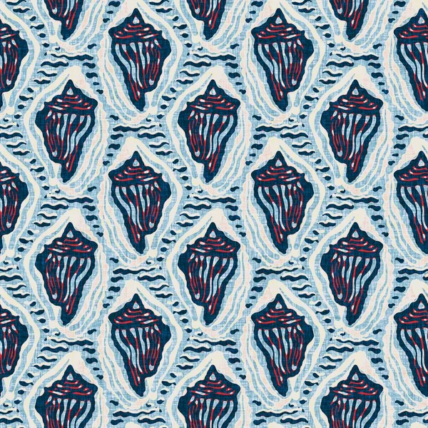 Indigo Blue Seashell deniz kabuğu kusursuz desen. Klasik nantucket kumaş, tekstil, blok baskı tarzında modern deniz kabuğu baskısı. Yaz 2 ton yüksek kontrastlı jpg fayans örneği