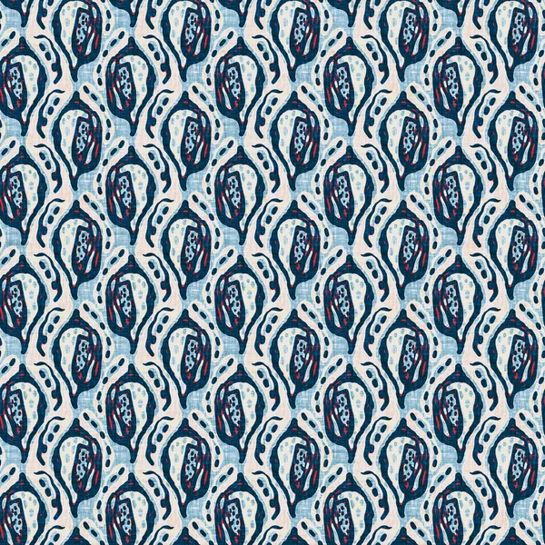 Indigo Blue Seashell deniz kabuğu kusursuz desen. Klasik nantucket kumaş, tekstil, blok baskı tarzında modern deniz kabuğu baskısı. Yaz 2 ton yüksek kontrastlı jpg fayans örneği