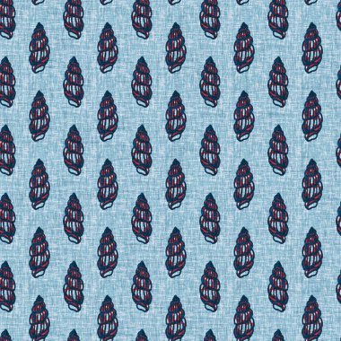 Indigo Blue Seashell deniz kabuğu kusursuz desen. Klasik nantucket kumaş, tekstil, blok baskı tarzında modern deniz kabuğu baskısı. Yaz 2 ton yüksek kontrastlı jpg fayans örneği