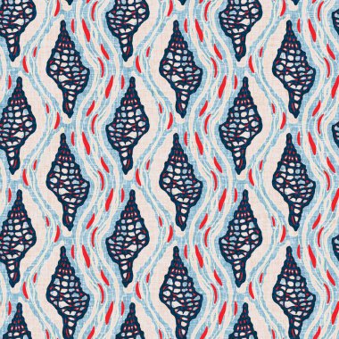 Indigo Blue Seashell deniz kabuğu kusursuz desen. Klasik nantucket kumaş, tekstil, blok baskı tarzında modern deniz kabuğu baskısı. Yaz 2 ton yüksek kontrastlı jpg fayans örneği